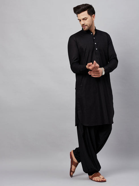 Men's Black Cotton Blend Pathani Suit Set